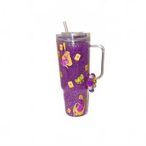 Purple sequined Rapunzel Themed 30 oz Travel Tumbler with Straw and Handle